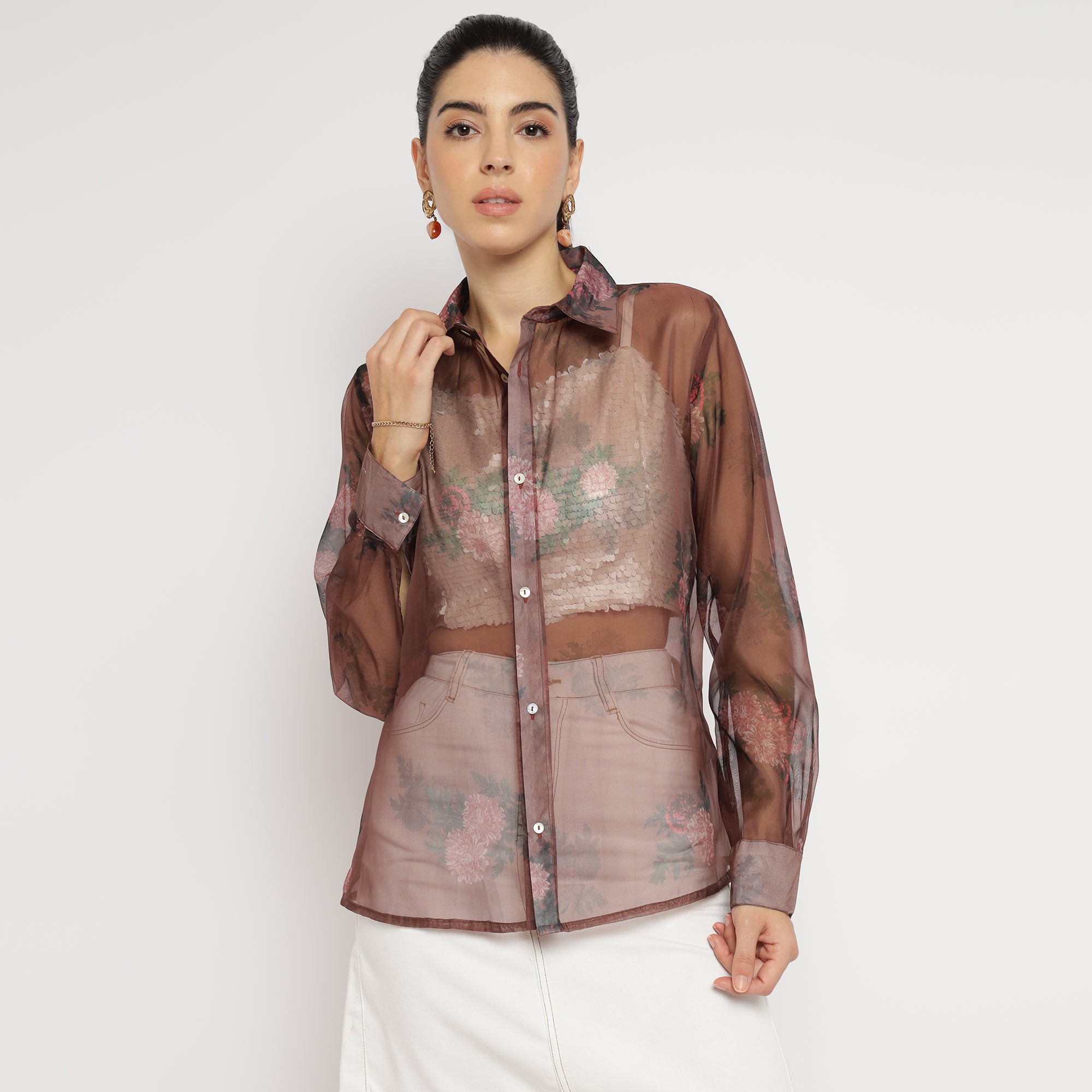White Sequin Crop Top with Brown Floral Organza Overshirt Set